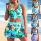 Large print conservative swimwear skirt in tropical patterns, showcasing multiple colorful styles and a playful beach vibe.