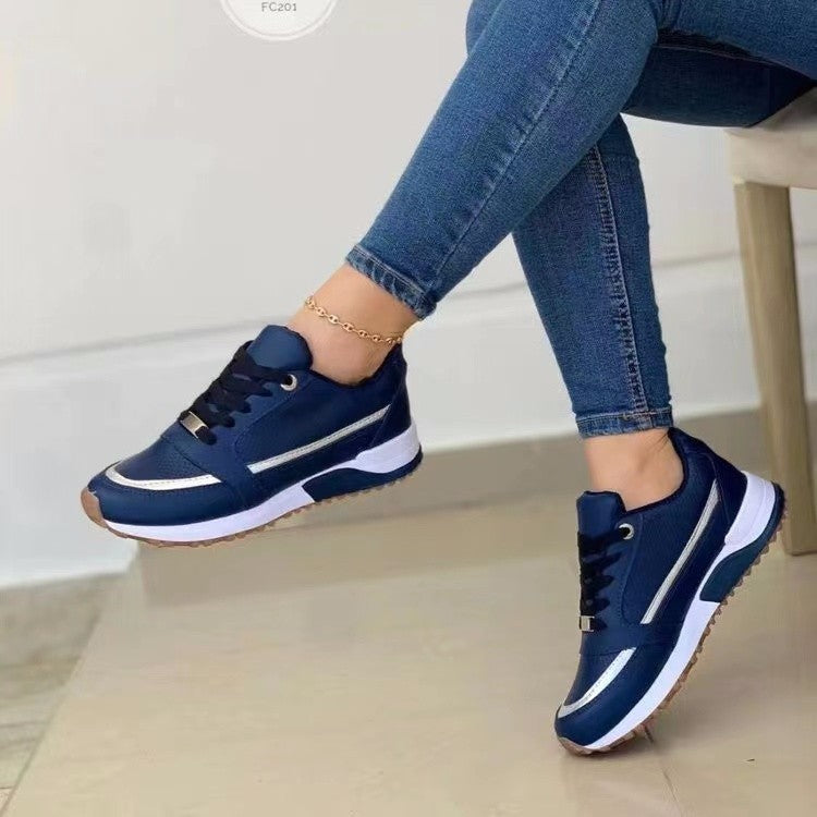 Women’s Casual Lace-Up Flat Sneakers – Round Toe Walking Shoes